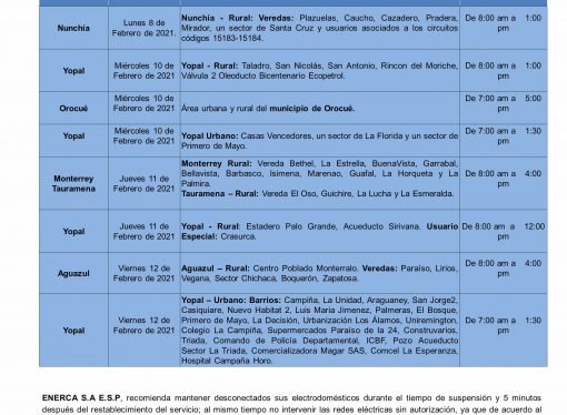 Esta semana, habrá suspensión de energía eléctrica en 5 municipios de Casanare
