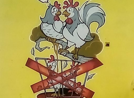 El mural que invita al Grupo Éxito a dejar la práctica cruel con gallinas ponedoras