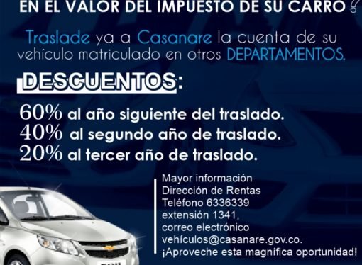 Traslade la cuenta de matrícula de su vehículo a Casanare, y acceda a descuentos en el valor del impuesto