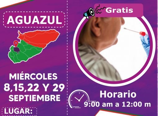 Toma de pruebas COVID-19 gratis a libre demanda este 08, 15, 22 Y 29 de septiembre en Aguazul