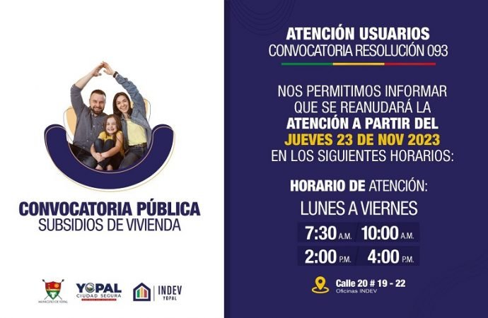 Cambio de horario de atención para postulados a proyecto de lotes en Yopal